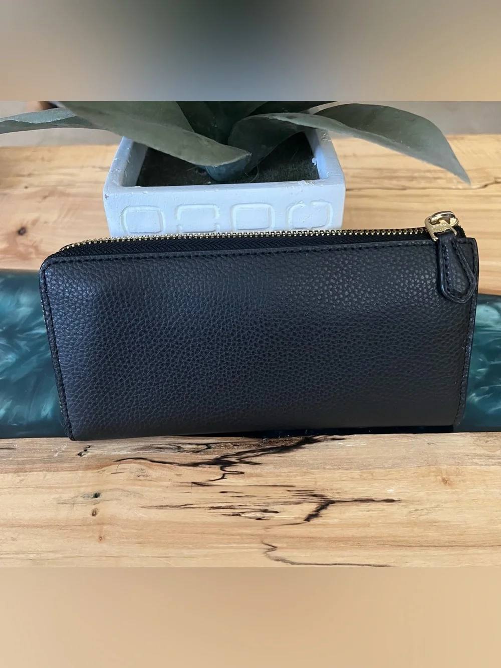 Coach Black Pebbled Leather 3/4 Zip around Wallet